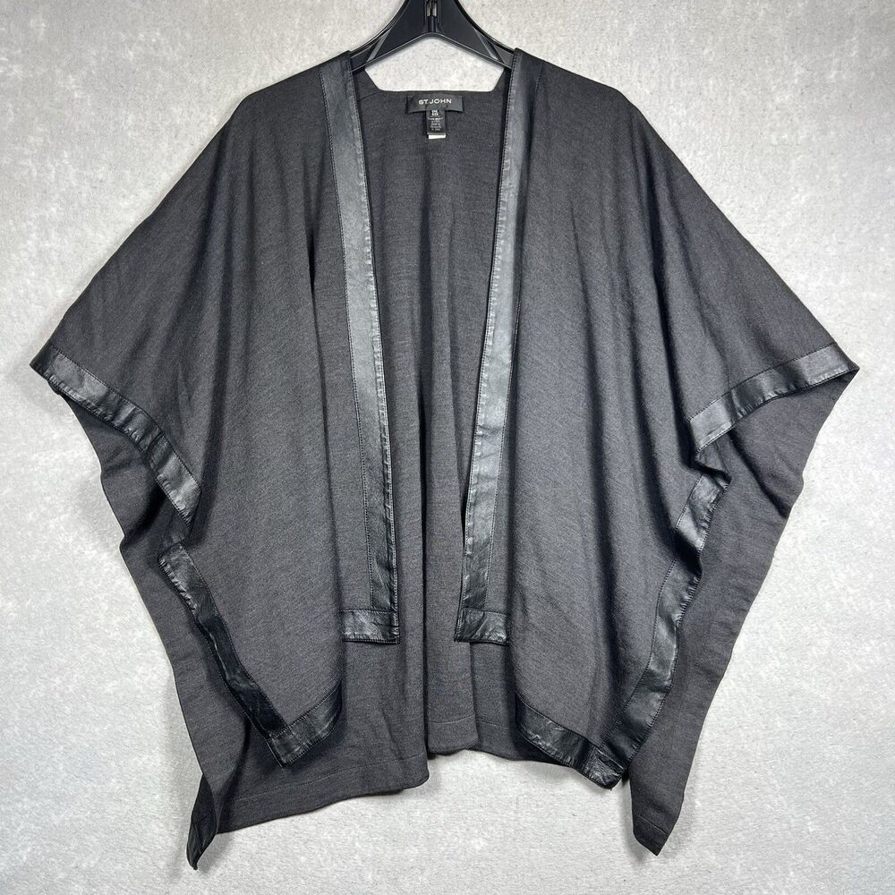 St. John Santana Knit Gray Wool Poncho Cape Open Front Leather Trim One Size